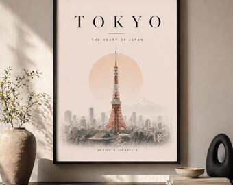 Tokyo Tower Framed Print, Japandi Wall Art, Japan Travel Poster, Neutral Decor