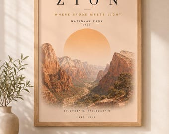 Väggkonst i Zion nationalpark, landskapstryck i Utahs öken, minimalistisk reseaffisch, inramad naturdekor