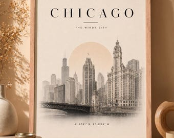 Chicago Skyline Print, Neutral Cityscape Wall Art, Minimalist Decor