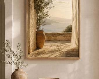 Mediterranean Sea View Framed Wall Art, Coastal Terrace Print, Old World Decor