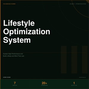 Könnte beinhalten: Dunkelgrüne Grafik mit dem Text "Lifestyle Optimization System" in großen weißen Buchstaben. Darunter steht "Sustain High Performance and Build a Body and Mind That Last." Der untere Abschnitt listet "7 Module", "20+ Frameworks" und "1 90 Day Plan" auf.