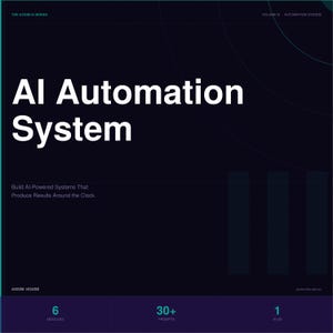 May include: A dark blue graphic with the words "AI Automation System" in large white text. The graphic also includes the text "Build AI-Powered Systems That Produce Results Around the Clock." The bottom shows "6 Modules," "30+ Prompts," and "1 AI OS."