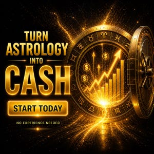 以下が含まれることがあります： 「TURN ASTROLOGY INTO CASH START TODAY NO EXPERIENCE NEEDED」のテキストが入った金色のイラスト。 星座のシンボル、上昇グラフ、ドル記号が描かれた金庫の扉が、黒い背景に描かれています。