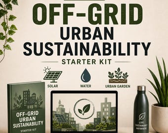 May include: An advertisement for an off-grid urban sustainability starter kit. The image includes a book, laptop, and water bottle. The text on the book reads "Off-Grid Urban Sustainability Starter Kit." The laptop displays a city scene with solar panels. The water bottle has the text "Live Sustainably Anywhere."