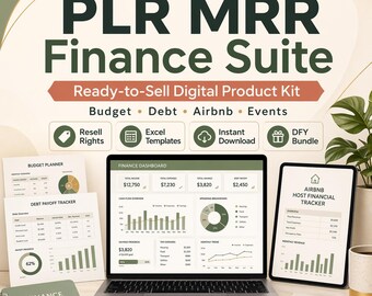 May include: A digital product kit titled "PLR MRR Finance Suite" with the text "Ready-to-Sell Digital Product Kit." The image includes a laptop, tablet, and printed documents displaying financial dashboards, budget planners, and an Airbnb host financial tracker.