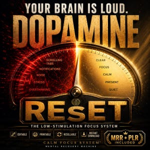 Pode incluir: Um gráfico digital com um medidor cuja agulha aponta para um lado dourado com as palavras clear, focus, calm, present, quiet. O lado vermelho lista scrolling tabs, notifications, noise, stress, overthinking. Texto: Your brain is loud. Dopamine Reset.
