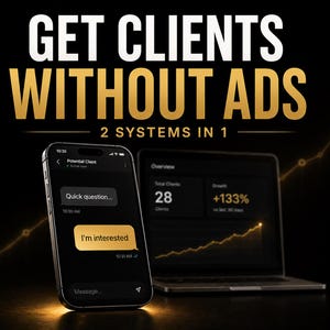 以下が含まれることがあります： 「GET CLIENTS WITHOUT ADS」のテキストが金と白で表示されたプロモーション画像。スマートフォンには「I'm interested」というメッセージが表示されたチャットが表示されています。ラップトップには133％の成長率を示すグラフと「2 SYSTEMS IN 1」というテキストが表示されています。