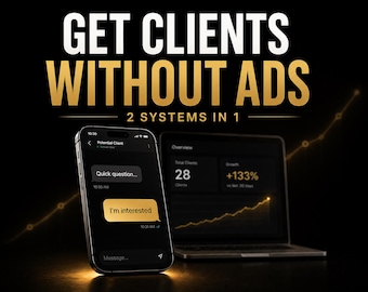 May include: A promotional image with the text "GET CLIENTS WITHOUT ADS" in gold and white. A smartphone displays a chat with the message "I'm interested." A laptop shows a graph with a 133% growth rate, and the text "2 SYSTEMS IN 1."