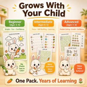 May include: Educational activity pack for children, featuring beginner, intermediate, and advanced levels. Each level includes activity sheets with illustrations of bunnies, mazes, and tracing exercises. The pack is designed to grow with your child.