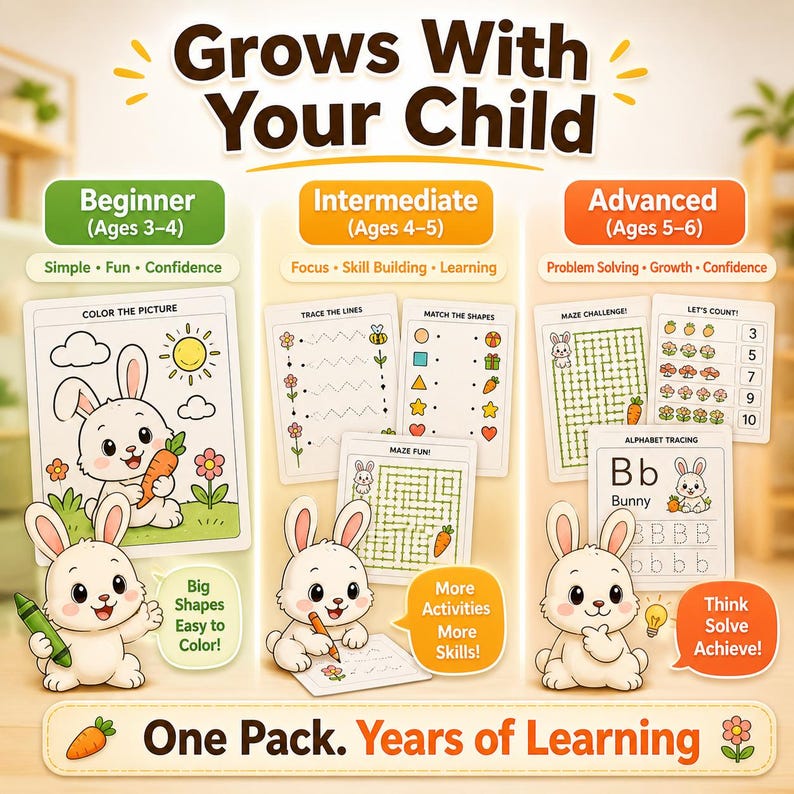 May include: Educational activity pack for children, featuring beginner, intermediate, and advanced levels. Each level includes activity sheets with illustrations of bunnies, mazes, and tracing exercises. The pack is designed to grow with your child.