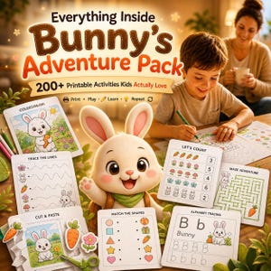 May include: A colorful children's activity pack titled "Bunny's Adventure Pack" with the text "Everything Inside." The image shows a smiling cartoon bunny and various activity sheets, including coloring, tracing, and counting exercises. The pack includes over 200 printable activities.