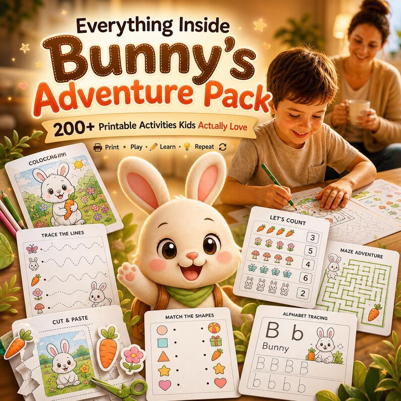 May include: A colorful children's activity pack titled "Bunny's Adventure Pack" with the text "Everything Inside." The image shows a smiling cartoon bunny and various activity sheets, including coloring, tracing, and counting exercises. The pack includes over 200 printable activities.