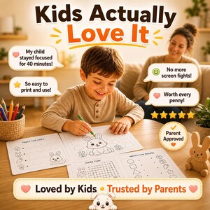 May include: A young child is coloring a bunny picture on a white activity sheet. The text "Kids Actually Love It" is at the top. Other sheets show mazes and shape matching. The text "Loved by Kids &bull; Trusted by Parents" is at the bottom.