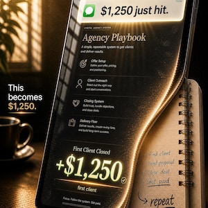 Może przedstawiać: Smartfon wyświetla "$1,250 just hit" i "Agency Playbook". Ekran pokazuje kroki takie jak "Offer Setup" i "Client Outreach". Notatnik z napisem "repeat" leży obok telefonu. Obraz pokazuje również tekst "This becomes $1,250."