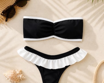 Schwarzes Bandeau Bikini Set | Gekräuselter High-Cut-Bottom, trägerlose schicke Bademode