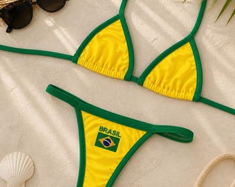 Brasilien Flagge Dreieck Bikini Set | Minimalistische Tanga-Bademode, verstellbare Träger