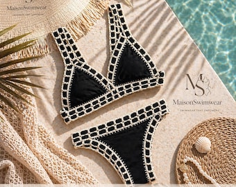 Conjunto de bikini de crochet negro – Traje de baño bohemio hecho a mano – Ropa de playa de lujo para mujer – Bikini minimalista y elegante