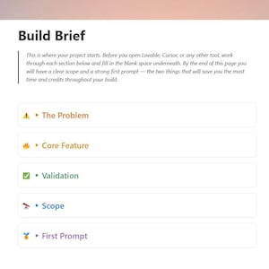 May include: A digital build brief document featuring the title Build Brief and instructional text. It includes five interactive sections labeled with icons and text: The Problem, Core Feature, Validation, Scope, and First Prompt for project planning.
