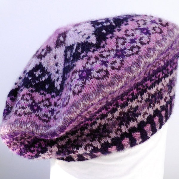 Fairisle beret handknitted in 100 per cent wool