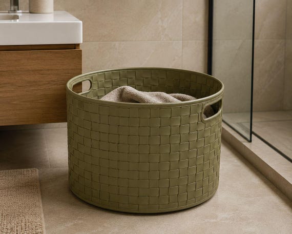 Woven Leather Storage Basket, Blanket Holder, Home Organizer Bin