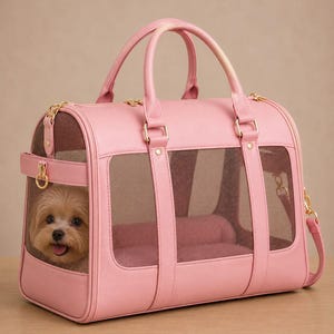 May include: A pink pet carrier with a mesh window and a small dog inside. The carrier has a top handle, a shoulder strap, and gold-colored hardware. The dog is looking out of the carrier with its tongue out.