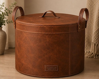 Cesto de armazenamento de luxo em couro com tampa, cesto redondo de couro para cobertores, cesto grande de couro, organizador moderno para casa, cesto para roupa suja, presente para ela.