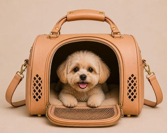 Bolso transportador de cuero de diseño para perros, bolso de viaje de lujo para mascotas, transportín para cachorros aprobado por aerolíneas, bolso de cuero para mascotas, bolso de viaje premium para perros pequeños.