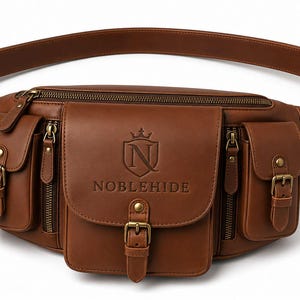 May include: A brown leather fanny pack with multiple zippered compartments and buckle closures. The bag features the embossed text "NOBLEHIDE" and a logo on the front flap. The adjustable strap has a metal buckle.