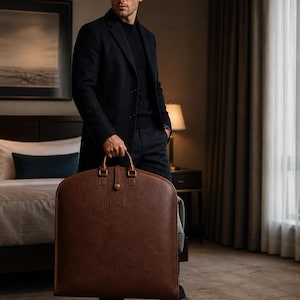 Può includere: Una borsa portabiti in pelle marrone con manico e chiusura con fibbia. La borsa ha una forma rettangolare con bordi arrotondati e una piccola etichetta rettangolare con le iniziali "A.K.". La borsa è tenuta da una persona che indossa un cappotto nero e abiti neri.