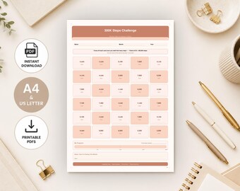 10K Schritt Tracker druckbares Bundle, Peach Walking Challenge PDF, Workout Tracker, 100K 200K 300K Schritte Challenge