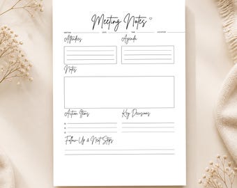 Meeting Notizen Planer Printable - Agenda - Aktionspunkte - Wichtige Entscheidungen - Nachverfolgung - A4 und US Letter - Sofortiger Download PDF
