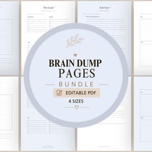 May include: A digital planner bundle featuring multiple templates titled Sunday Reset, The Load, Soft Start, and Sort It Out. The pages include lined sections, checklists, and boxes for organization. The central overlay text reads BRAIN DUMP PAGES BUNDLE, EDITABLE PDF, 4 SIZES.