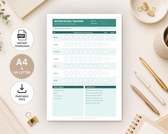 Wasseraufnahme Tracker Printable, Trink Tracker PDF, wöchentliches Wassertagebuch, Wellness Planer, A4 US Letter