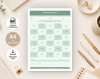 10K Schritt Tracker druckbares Bundle, Sage Green Walking Challenge PDF, Workout Tracker, 100K 200K 300K Schritte Challenge