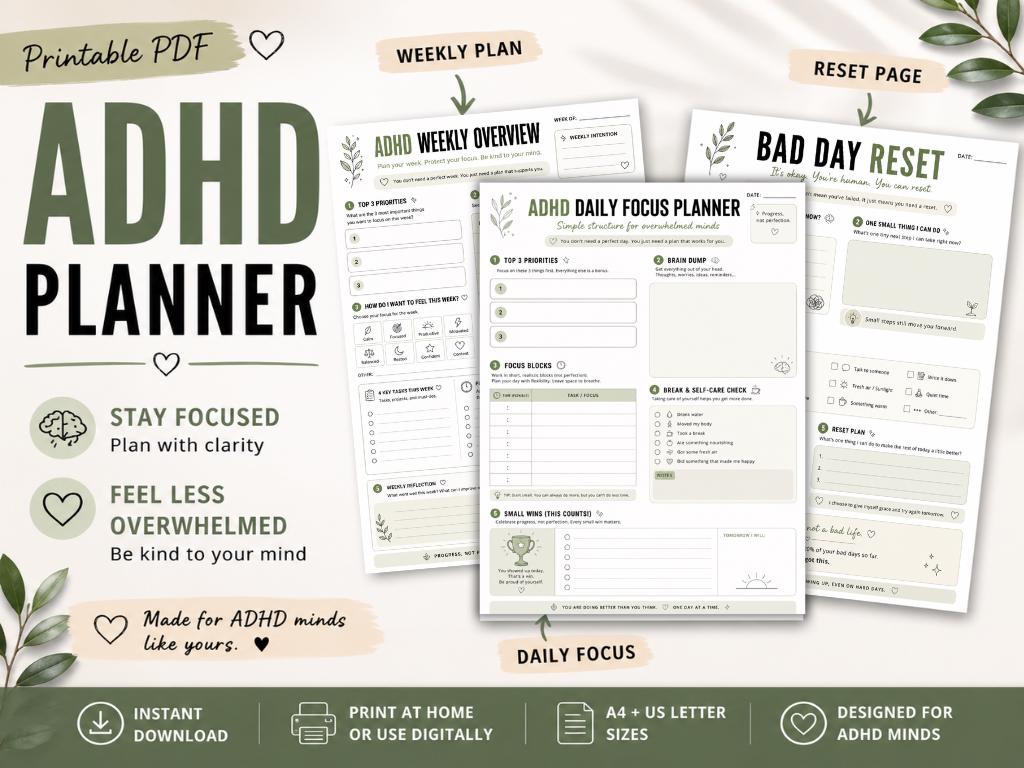 ADHD Planner Printable PDF, Daily Focus Planner, Weekly Overview, ADHD ...