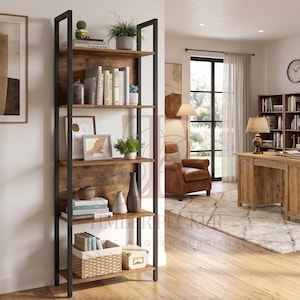 May include: A tall, five-tier bookshelf featuring a black metal frame and rustic brown wood shelves. The unit includes a back panel with a wood grain finish, holding various books, decorative plants, framed art, vases, and a woven storage basket.