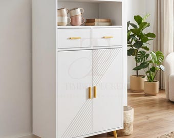 Modern White Storage Cabinet with Drawers Doors