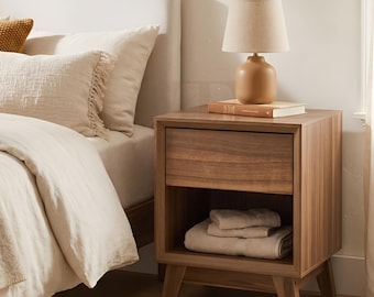 Bed Side Table Walnut with Drawer Shelf