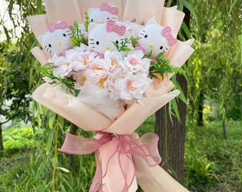 Handmade Hello Kitty Crochet Bouquet, Personalized Custom Kawaii Cat Flower Gift, Birthday, Graduation, Anniversary Gift