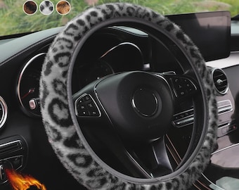 Personalized Leopard Print Plush Steering Wheel Cover, Soft Faux Fur Car Accessory