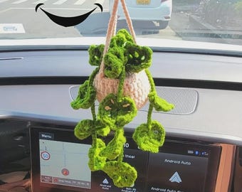 Handmade Crochet Potted Plant Car Mirror Hanging, Personalized Rear View Decor