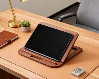 Wooden Adjustable Laptop Stand, Ergonomic Computer Riser, Ventilation Slots, Minimalist Home Office Desk Accessory