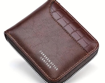 Personalized Leather Men's Wallet, RFID Zipper Coin Pocket Card Holder