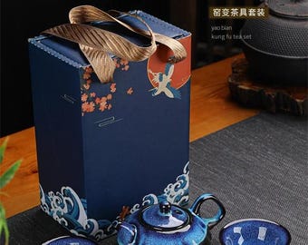 Jun Kiln Ceramic Kung Fu Tea Set, Personalized Chinese Teaware with Gold Finish