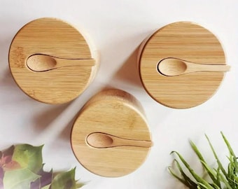 Personalized Bamboo Spice Jar Set, Wooden Salt Pepper Condiment Storage Box with Lids