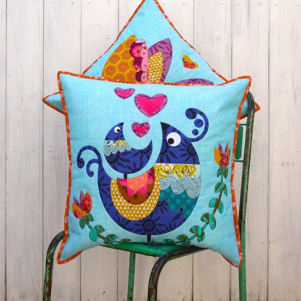 Lovebirds Applique cushion pattern. PDF instant download