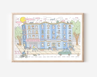 Wall Art, Illustrated Print, Brooklyn Street Scene, Digital Illustration