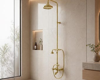 Unlacquered Brass Wall Mount Shower System, Antique Tub Faucet With Handheld Shower