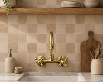 Hammered Unlacquered Brass Wall Mount Faucet, Vintage Cross Handle Tap