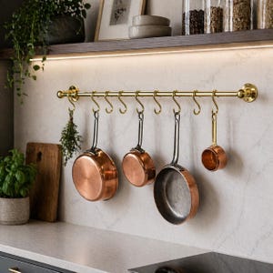 Unlacquered Brass Pot Rail, Wall Mounted Kitchen Hanging Rack With Hooks